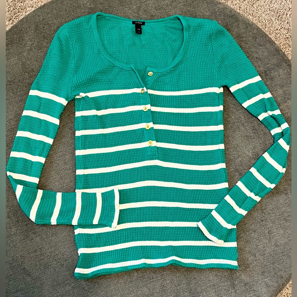 J. Crew Thermal Henley Shirt Green & White Stripes Gold Buttons Knit Top Stretch